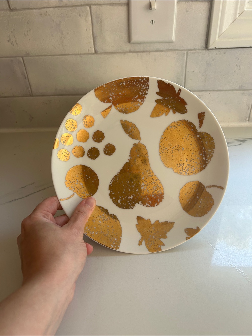 Crate & Barrel Porcelain White Salad Plate with Gold Fruit Motif
